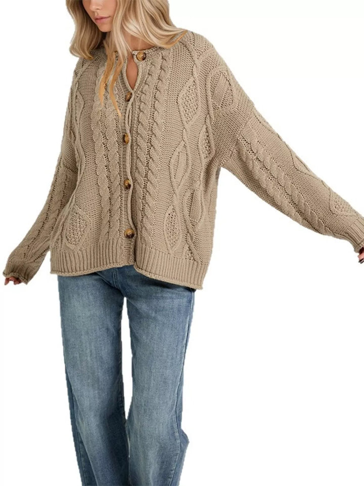 Khaki Cable-knit button-down cardigan with ribbed trim