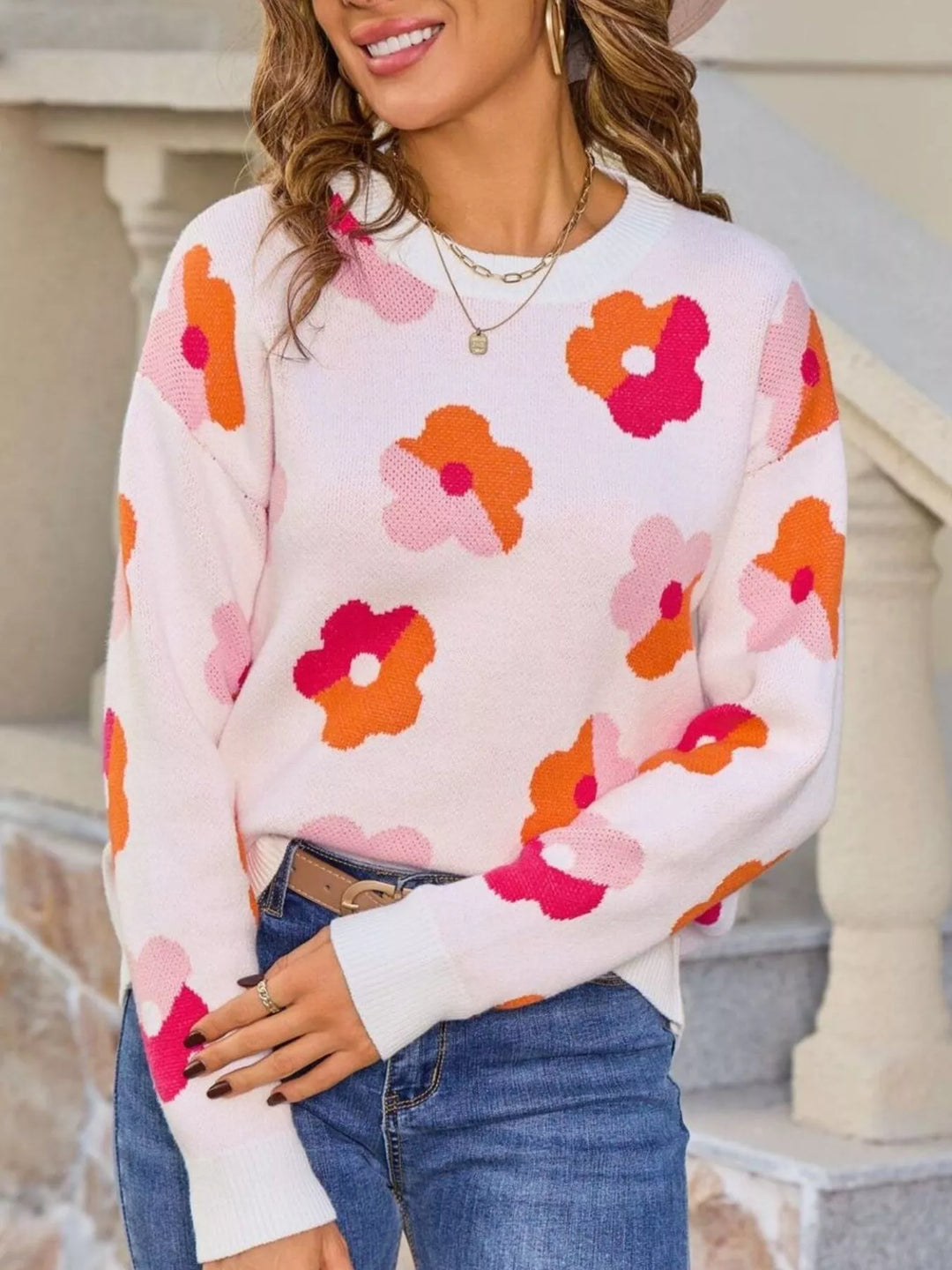Retro floral crew neck knit pullover sweater