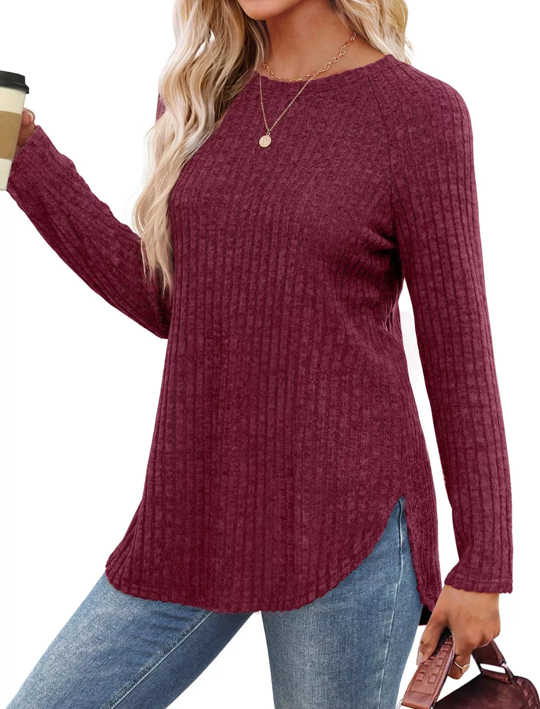 Ribbed knit crew neck long sleeve top with curved hem