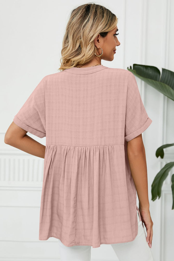 Notched neck cuffed short sleeve blouse with side slits
