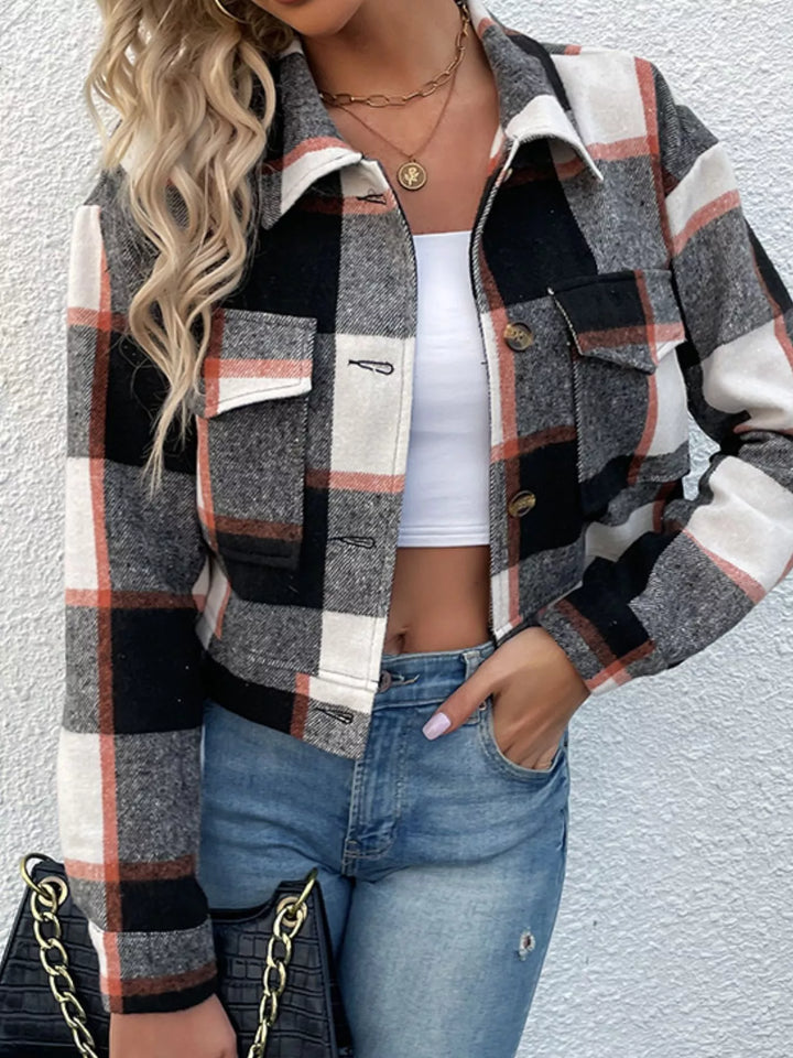 Plaid cropped shacket with chest pockets and button front