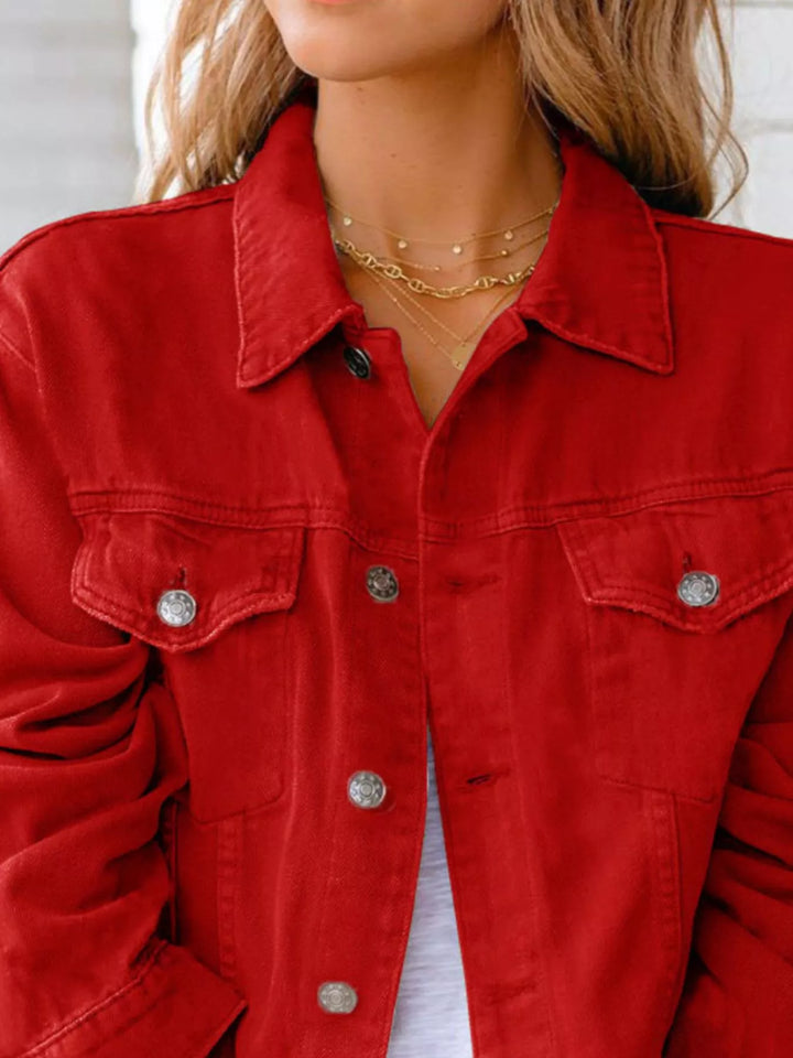 Cropped button-up denim jacket with chest pockets