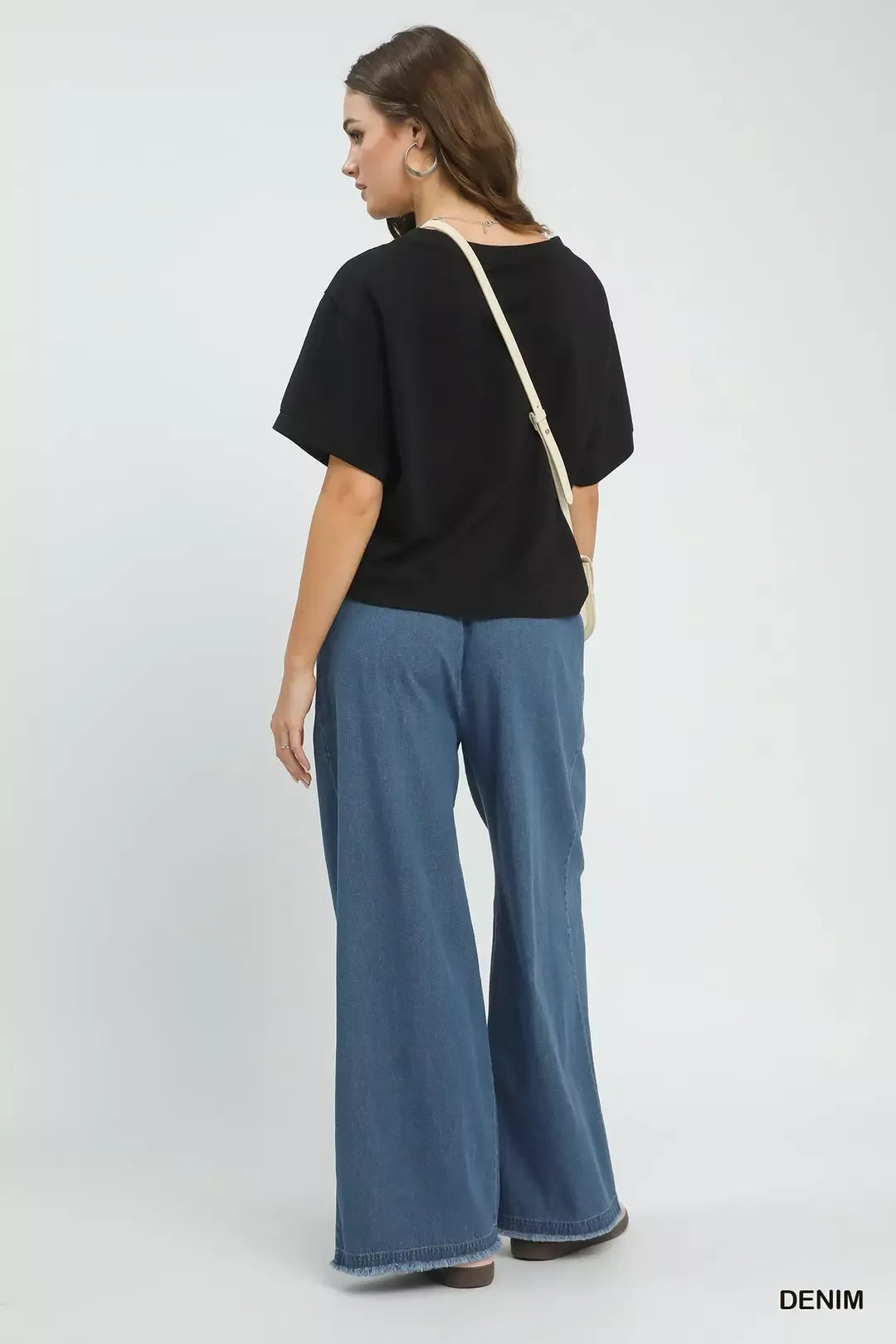 Stone washed wide leg cotton pants with raw hem