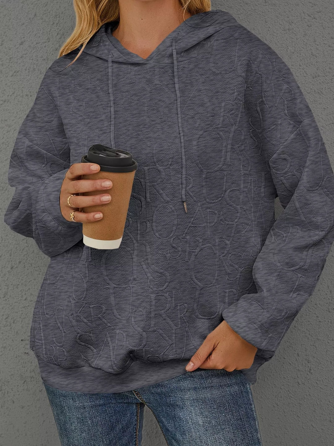 Embossed lettering drawstring pullover hoodie