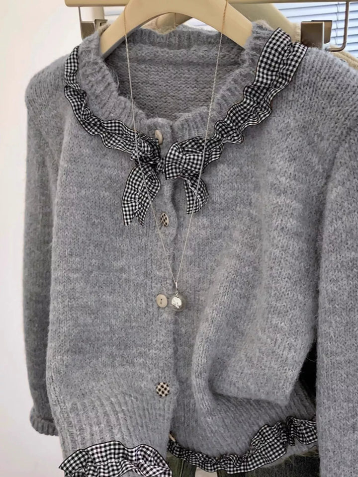 Gingham ruffle trim button-up knit cardigan