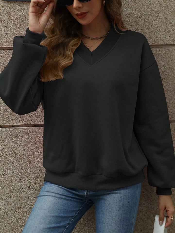 V-neck drop-shoulder pullover sweatshirt with ribbed trim