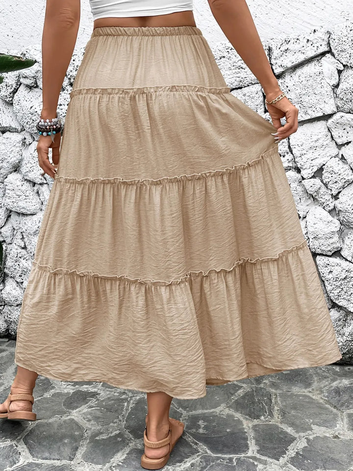 Tiered ruffle maxi skirt with drawstring tie waist