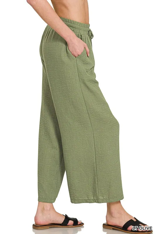 Woven crepe wide-leg cropped pants with drawstring waist