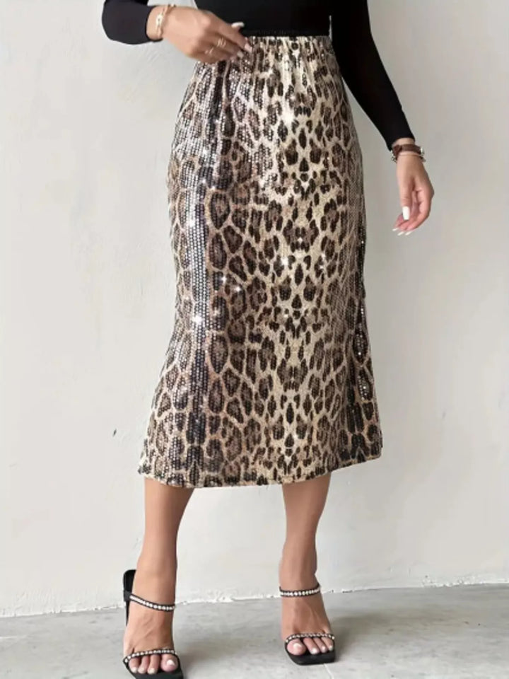 Apricot Allover sequin leopard print bodycon midi skirt