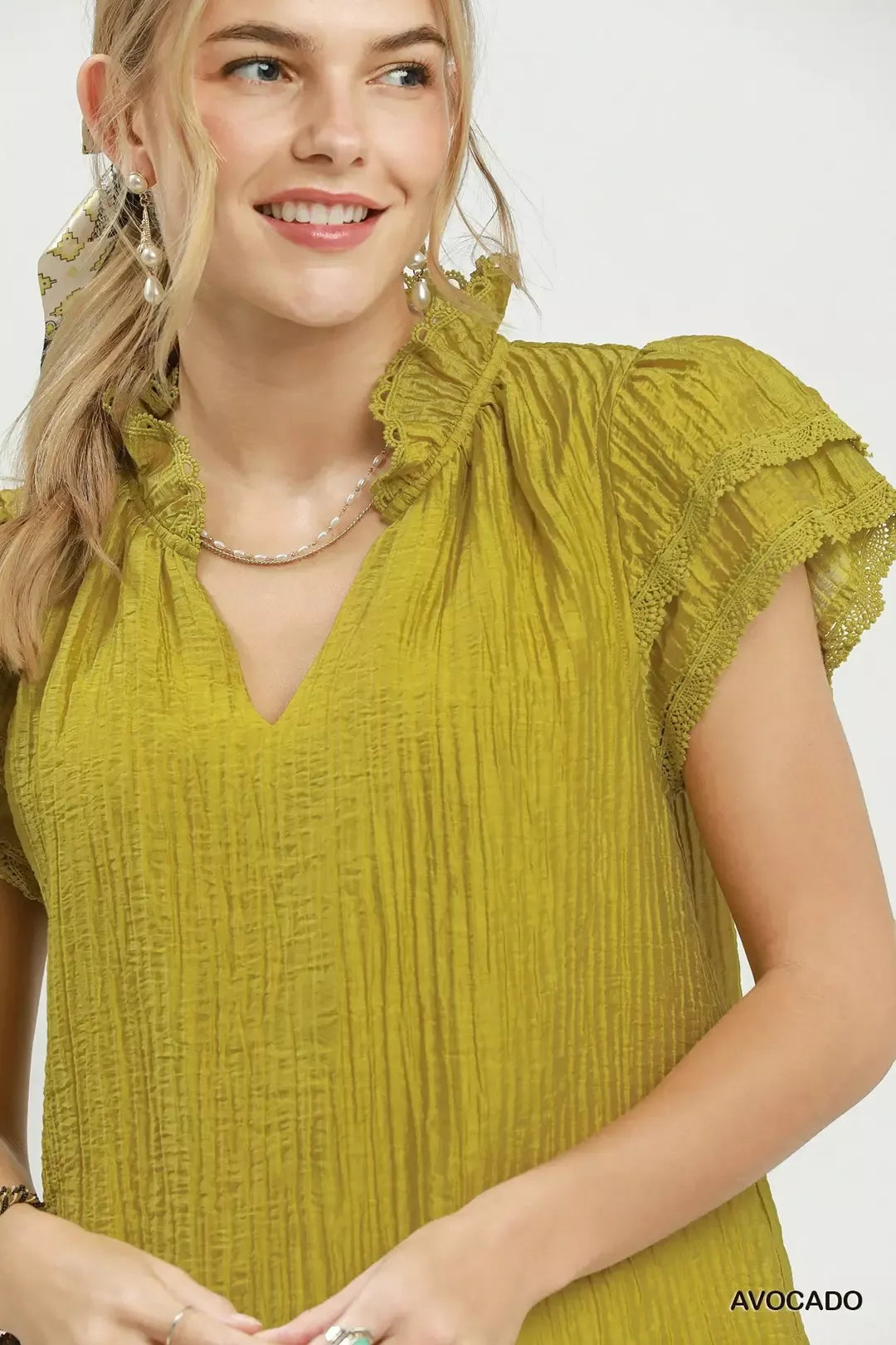 Double ruffle cap sleeve split V-neck top with lace trim