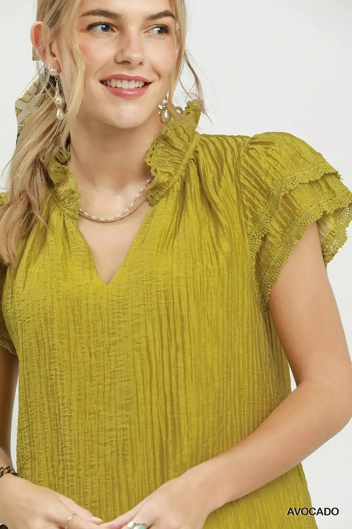 Double ruffle cap sleeve split V-neck top with lace trim