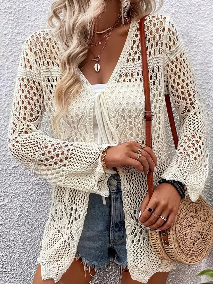Open-knit crochet cardigan with tie front and long sleeves