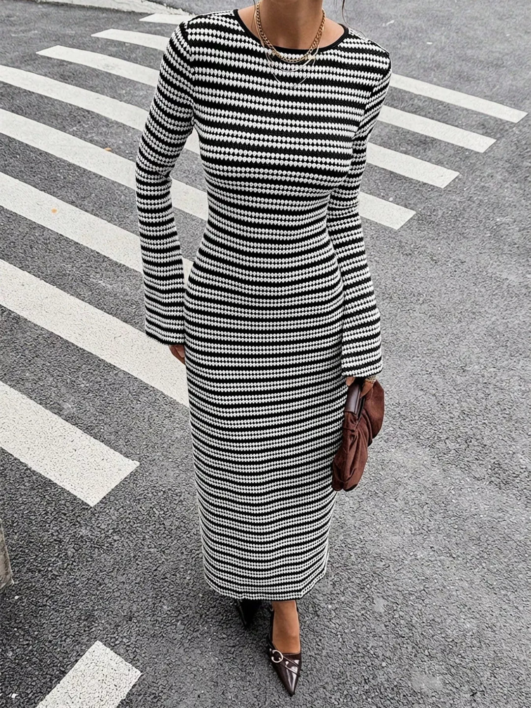 Striped knit maxi sweater dress with flared sleeves