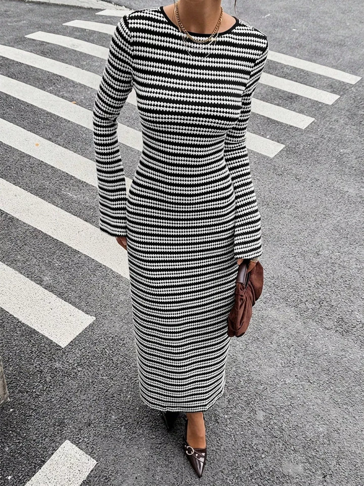 Striped knit maxi sweater dress with flared sleeves