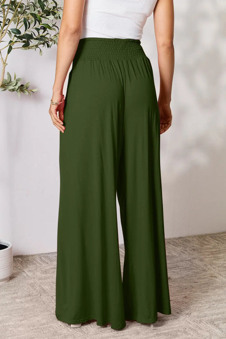 Smocked wide-waistband wide-leg jersey pants with pockets