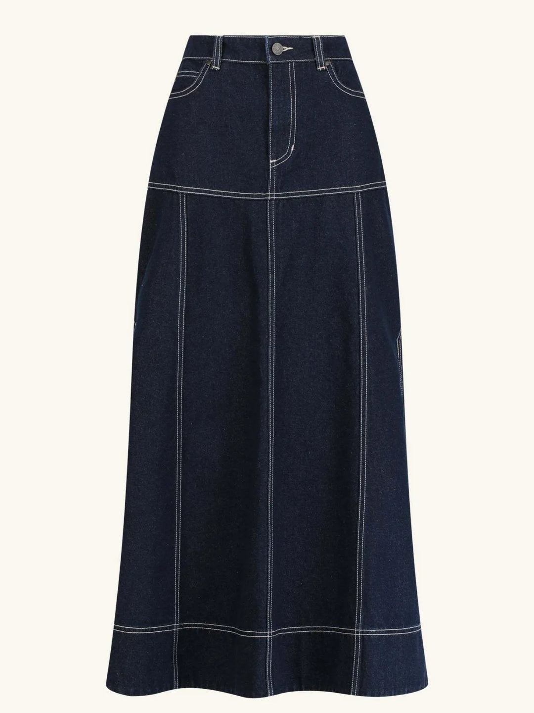 High-waist contrast stitch denim maxi skirt with side slit
