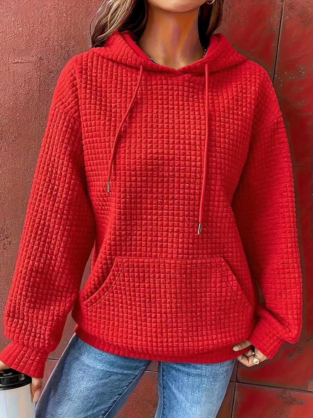 Textured waffle knit drawstring hoodie with kangaroo pocket