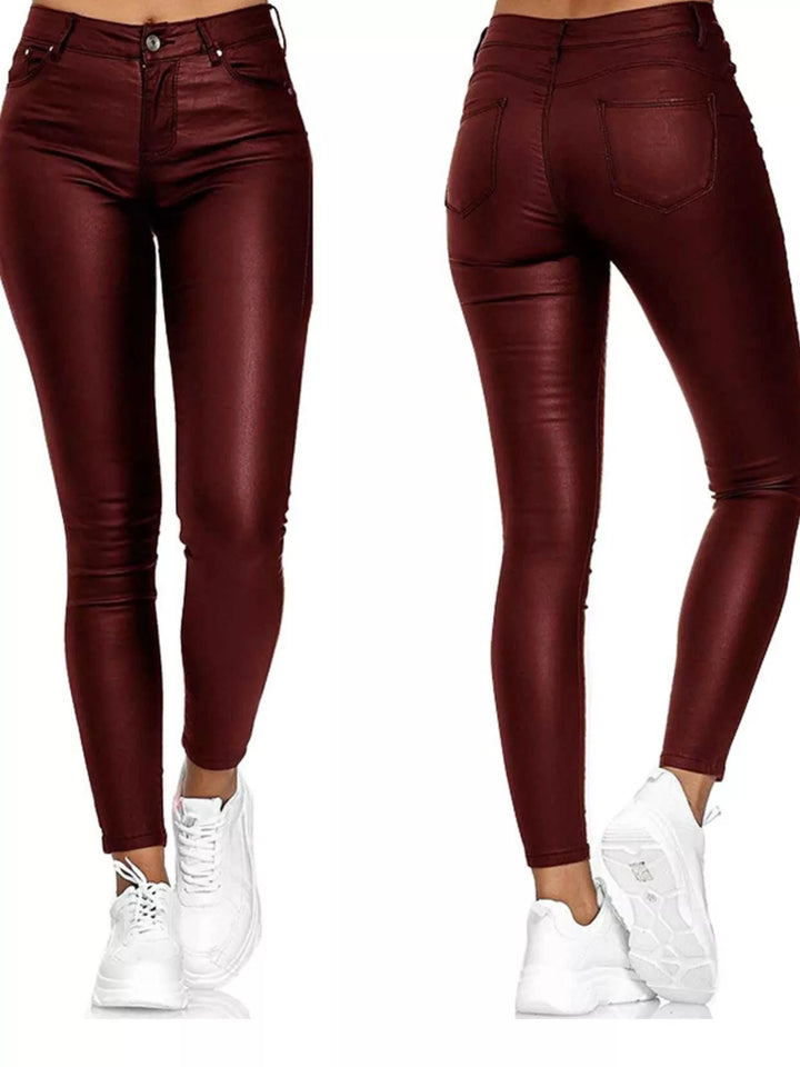 Red Coated high-rise skinny pants with five-pocket styling