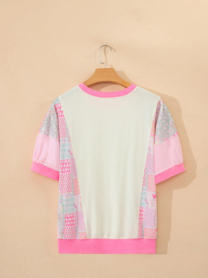 Floral patchwork crew-neck top with flower appliqué