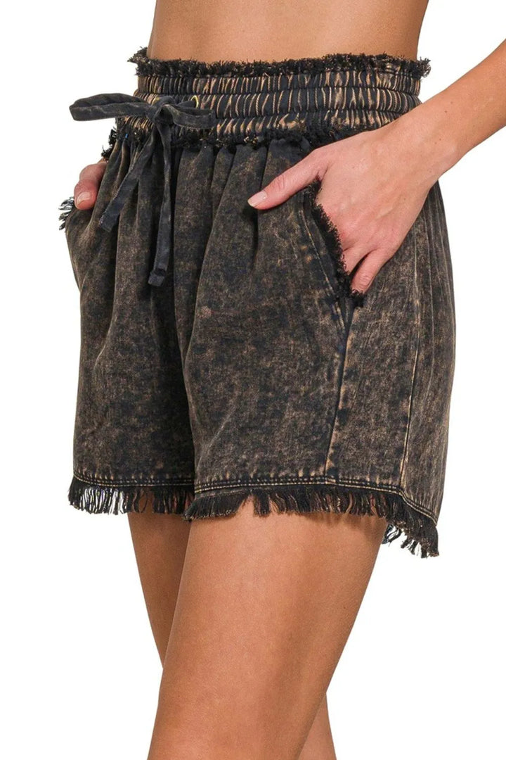Mineral wash frayed hem shorts with drawstring waist