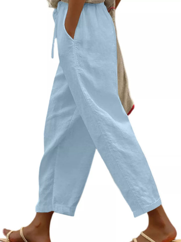 Light Blue Drawstring linen-look cropped pants with side pockets