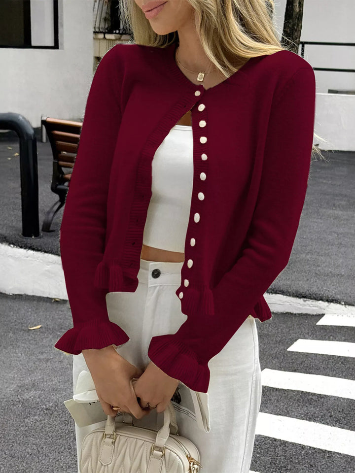 Burgundy Ruffled trim button-up knit cardigan with crew neck