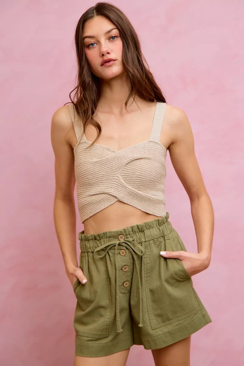 Paper bag waist twill shorts with button front and patch pockets