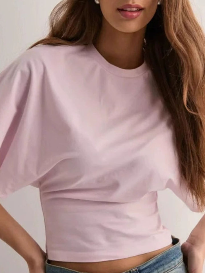 Batwing sleeve crop top with fitted waist and crew neck