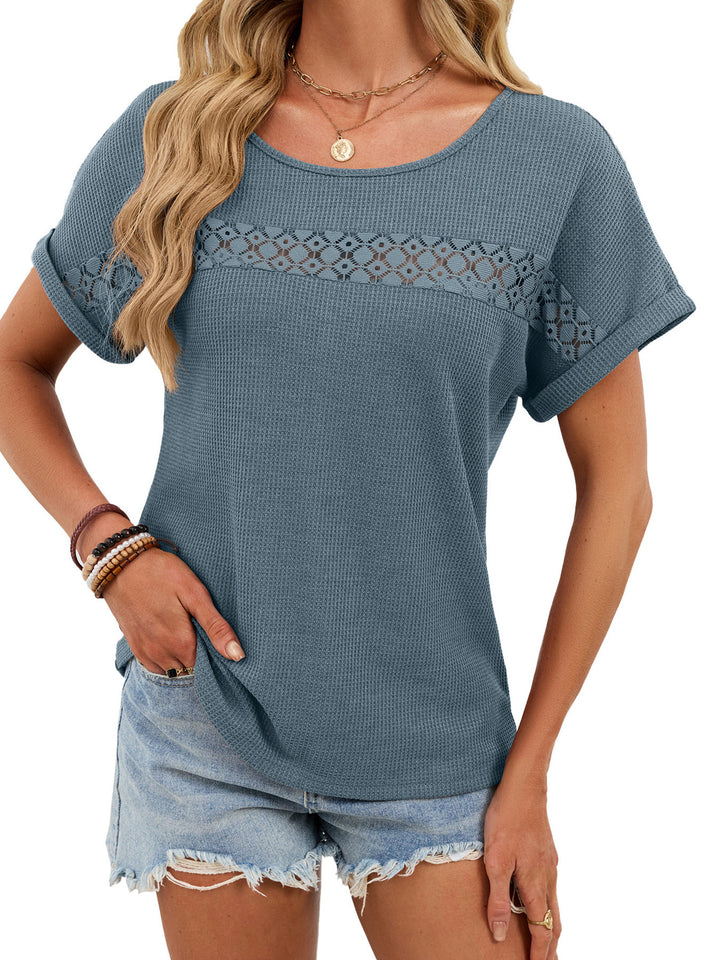 Blue Waffle knit top with lace inset yoke and cuffed sleeves