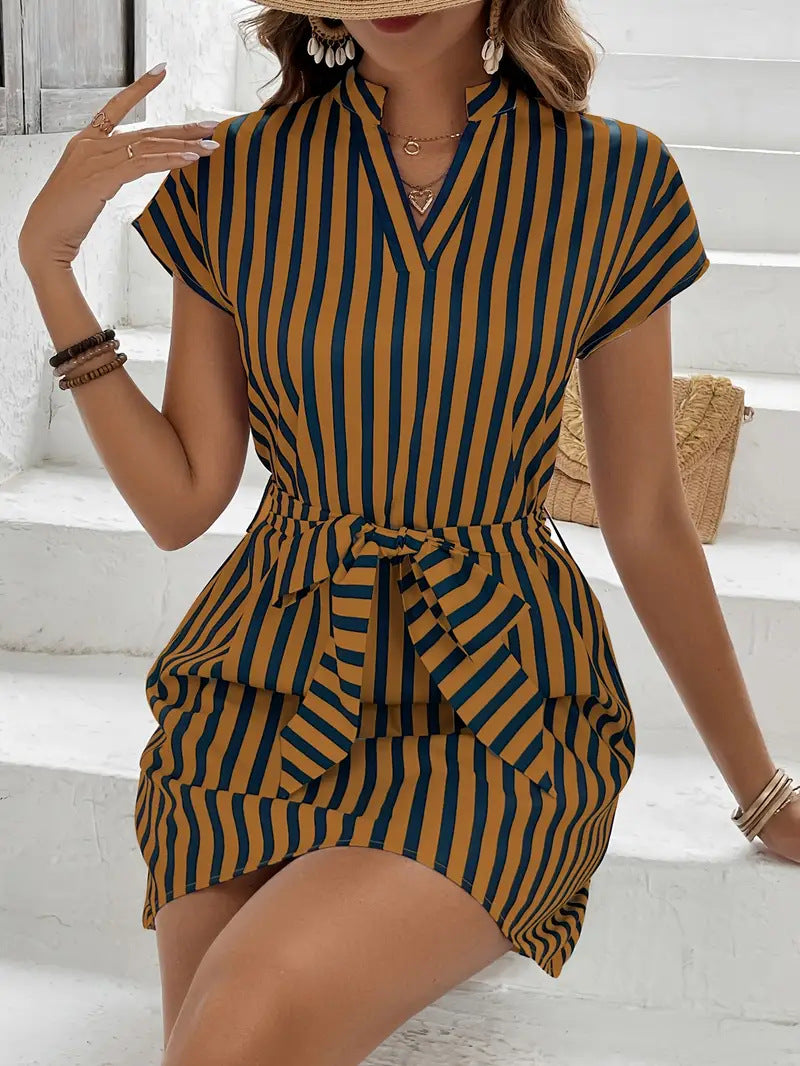 Striped tie-waist mini dress with split V-neck collar
