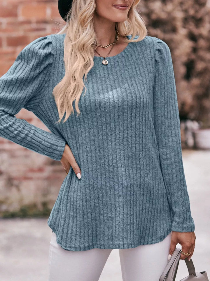 Ribbed knit long sleeve top with puff shoulders
