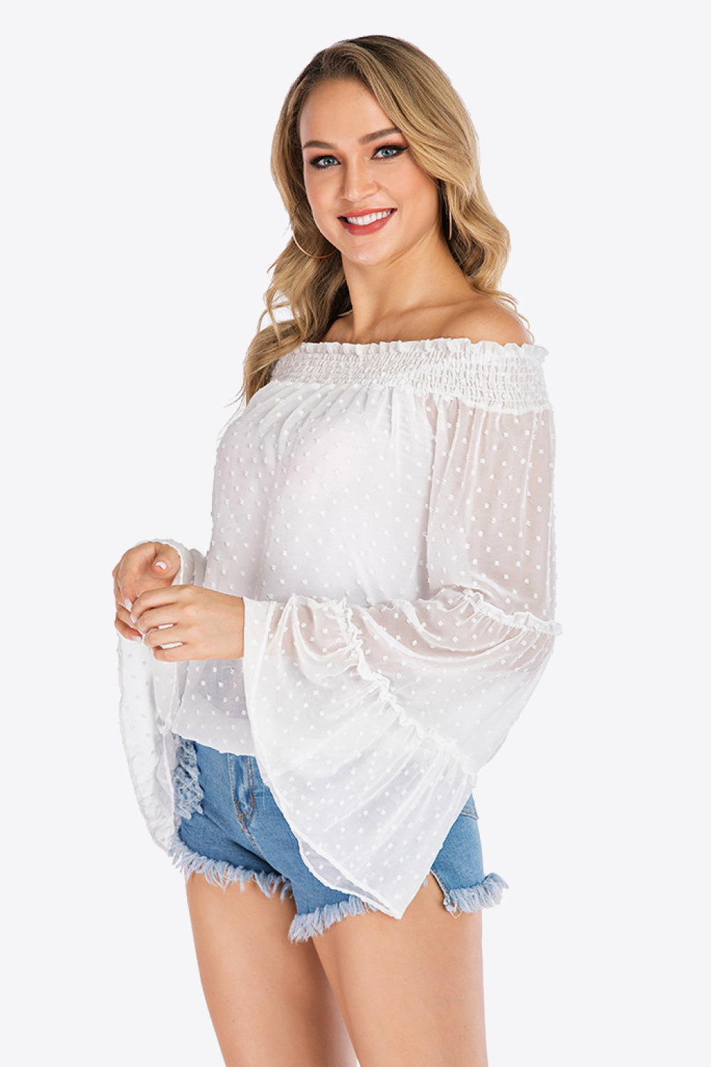 Swiss dot off-shoulder blouse with flare sleeves