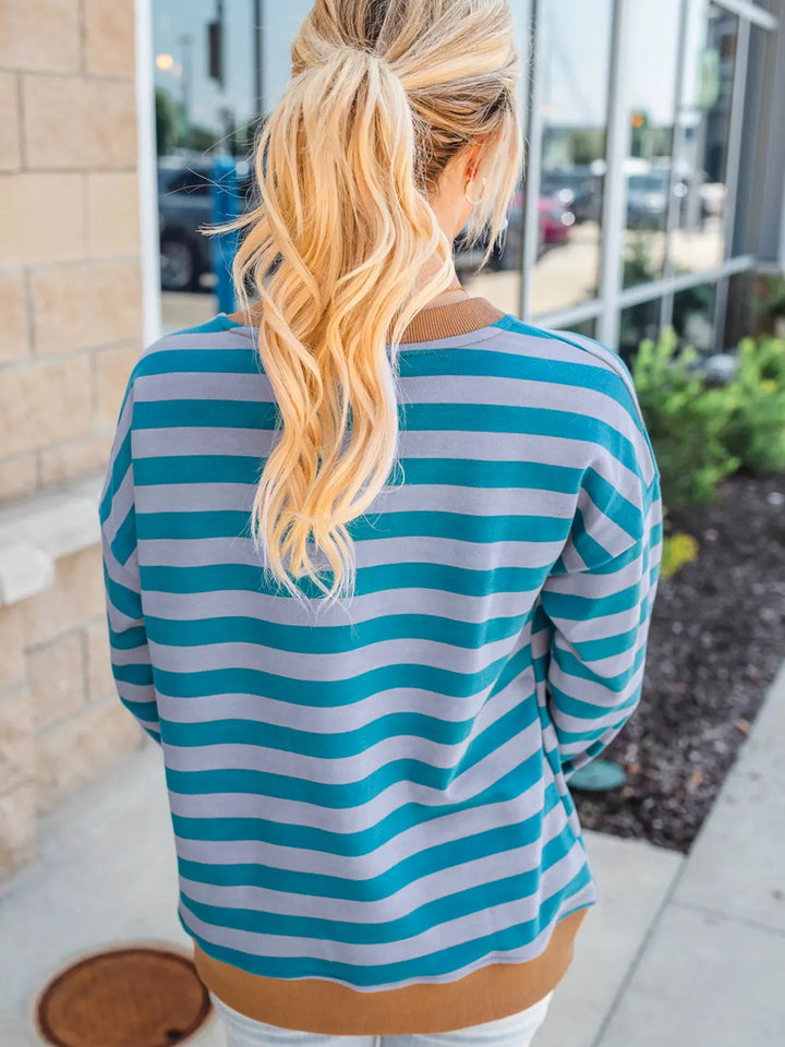Striped crew neck sweatshirt with contrast ribbed trim