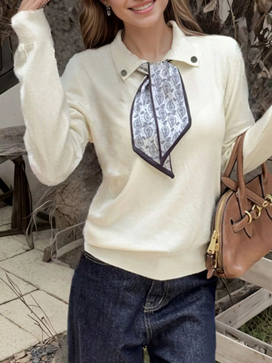 Scarf-tie collared long sleeve knit sweater