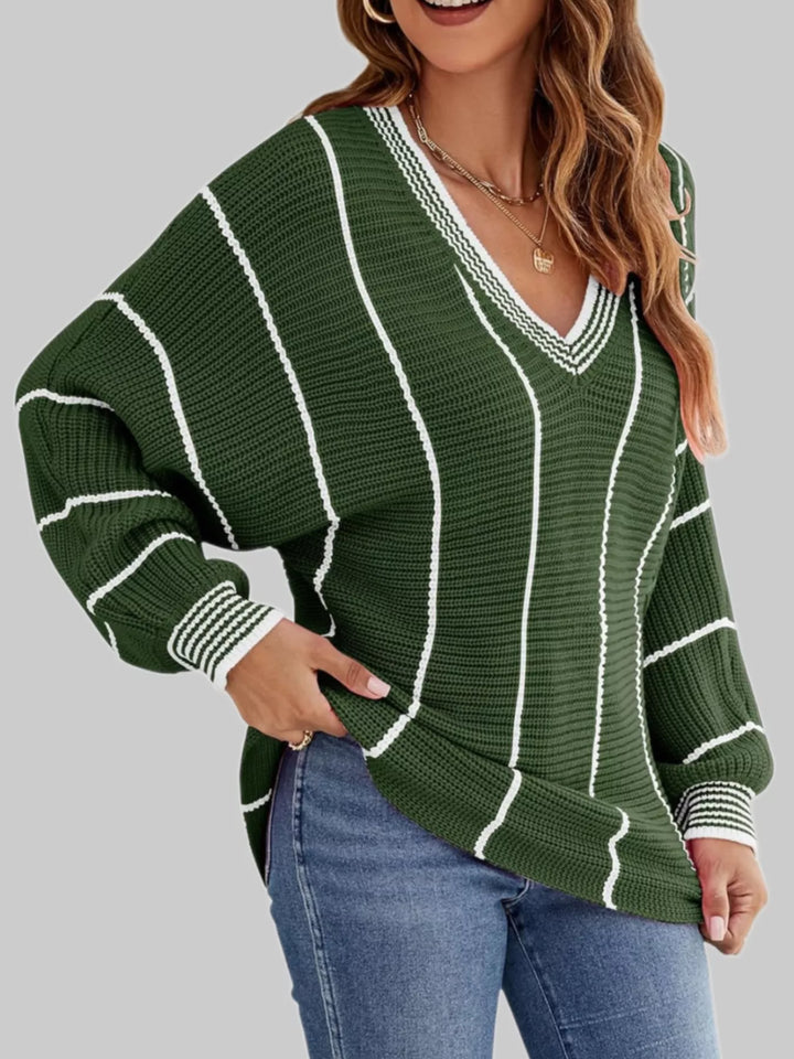 Dark Green Striped V-neck ribbed knit sweater with drop shoulders