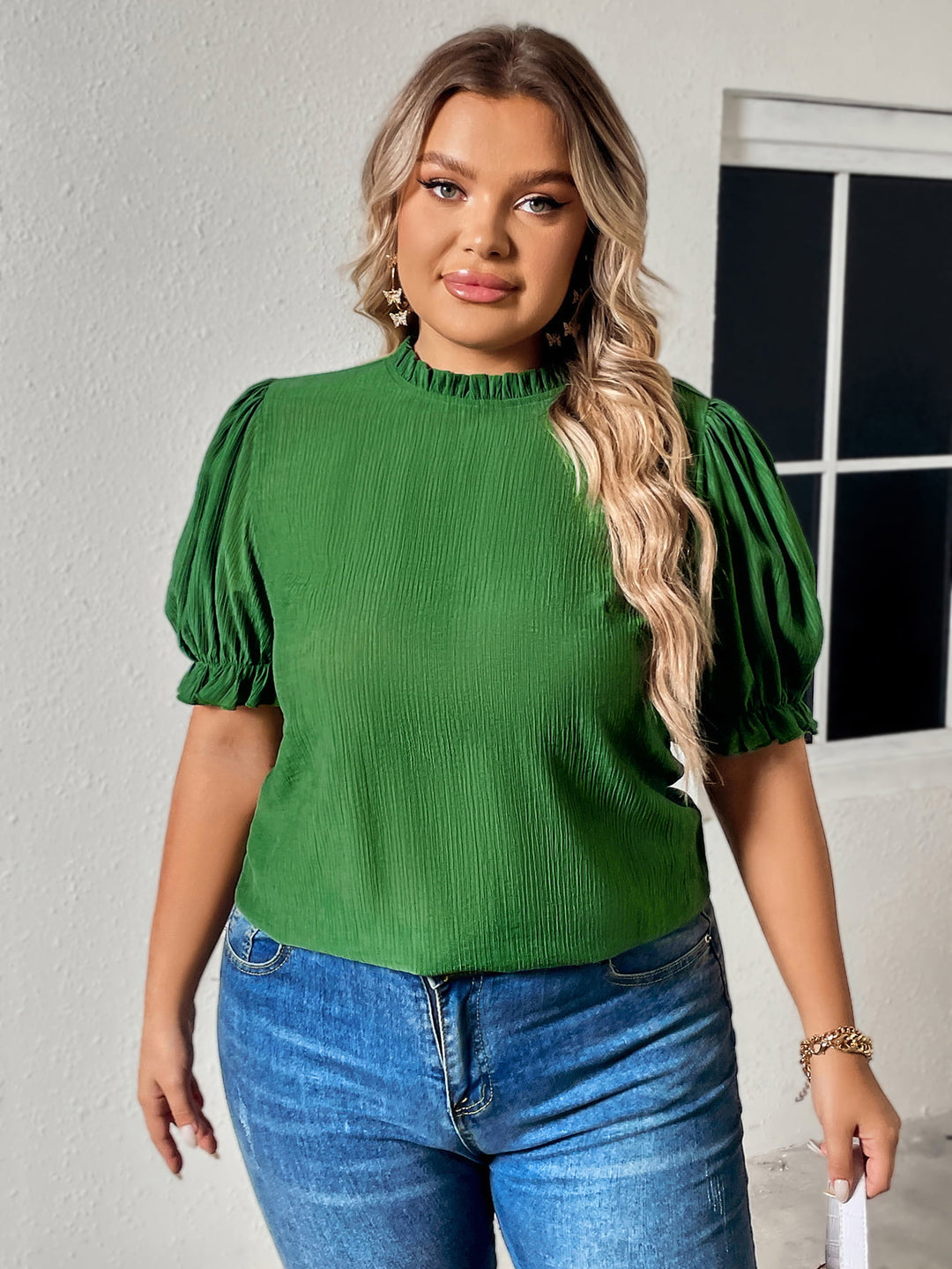 Puff sleeve plus size blouse with ruffled round neck