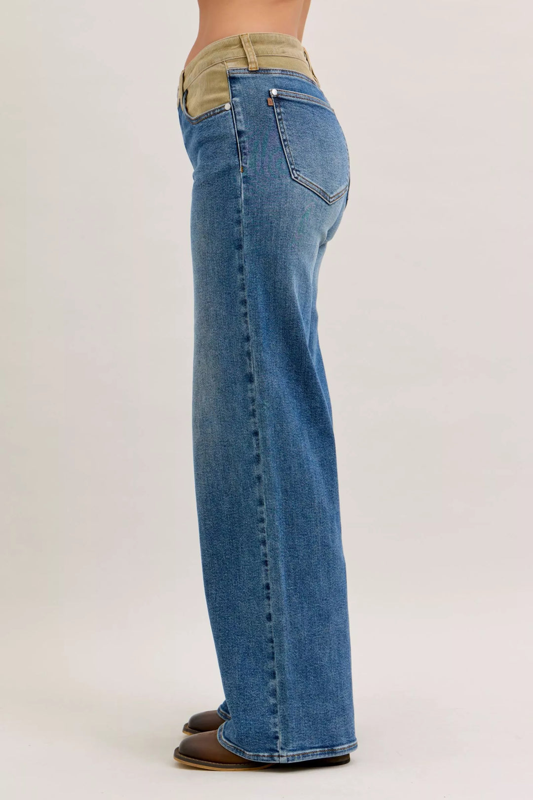 Mid-rise straight leg jeans with corduroy waistband