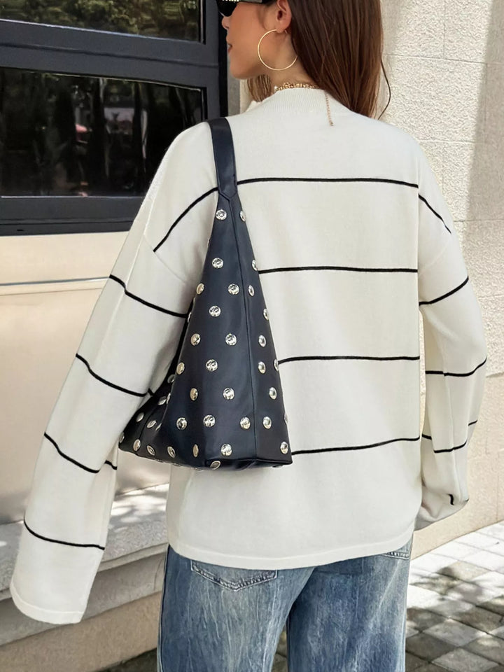 Striped mock neck sweater with drop shoulder sleeves