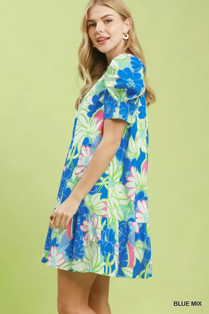 Floral puff sleeve tiered mini dress with split neckline