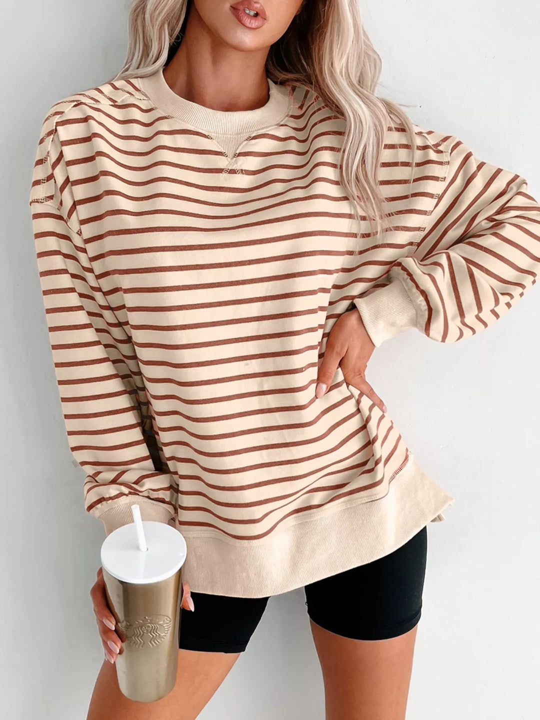 Stripe Striped oversized crew neck sweatshirt with ribbed trim