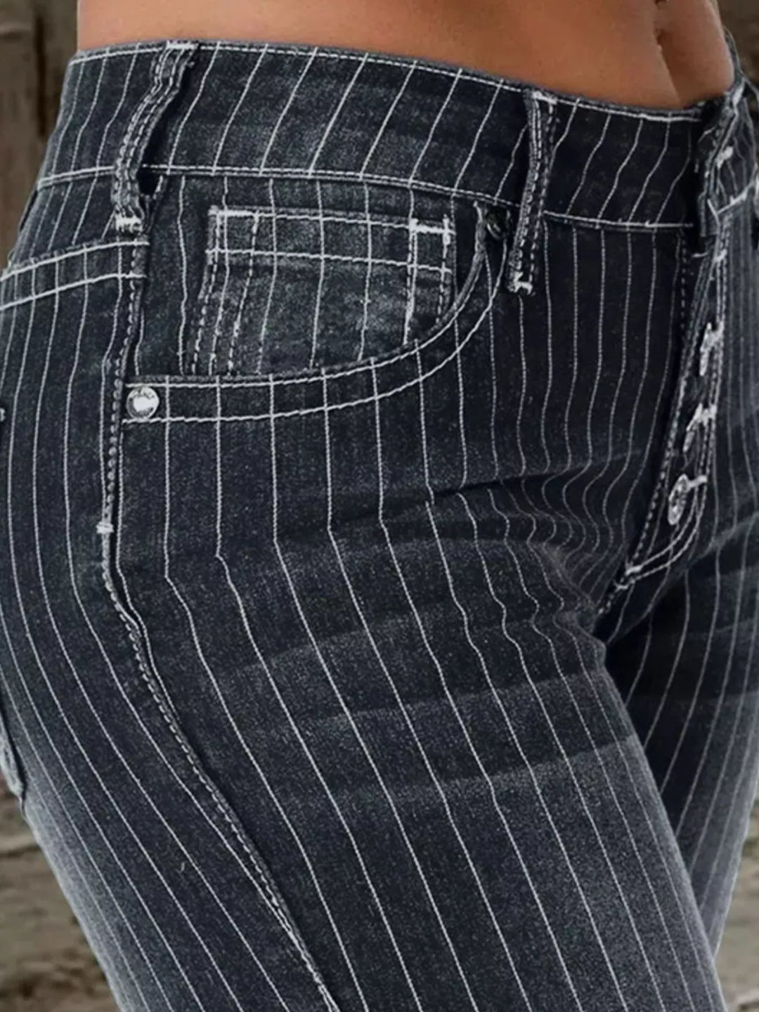 Pinstripe mid-rise button-fly flare jeans