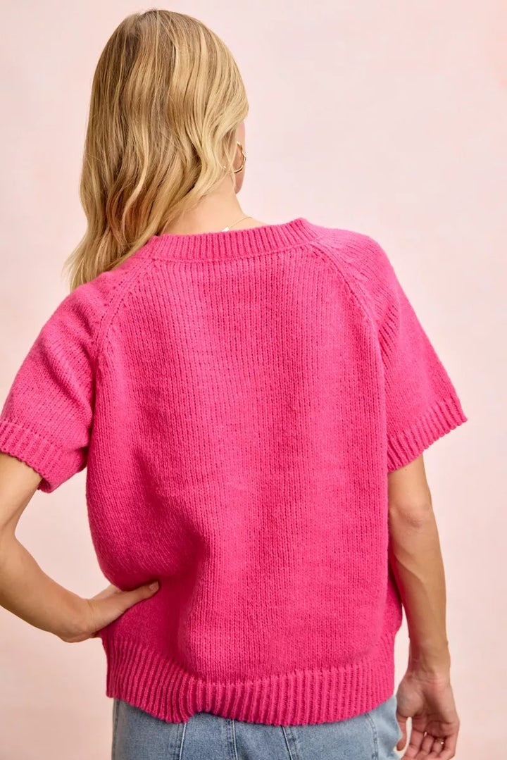 Floral embroidered short sleeve knit sweater top