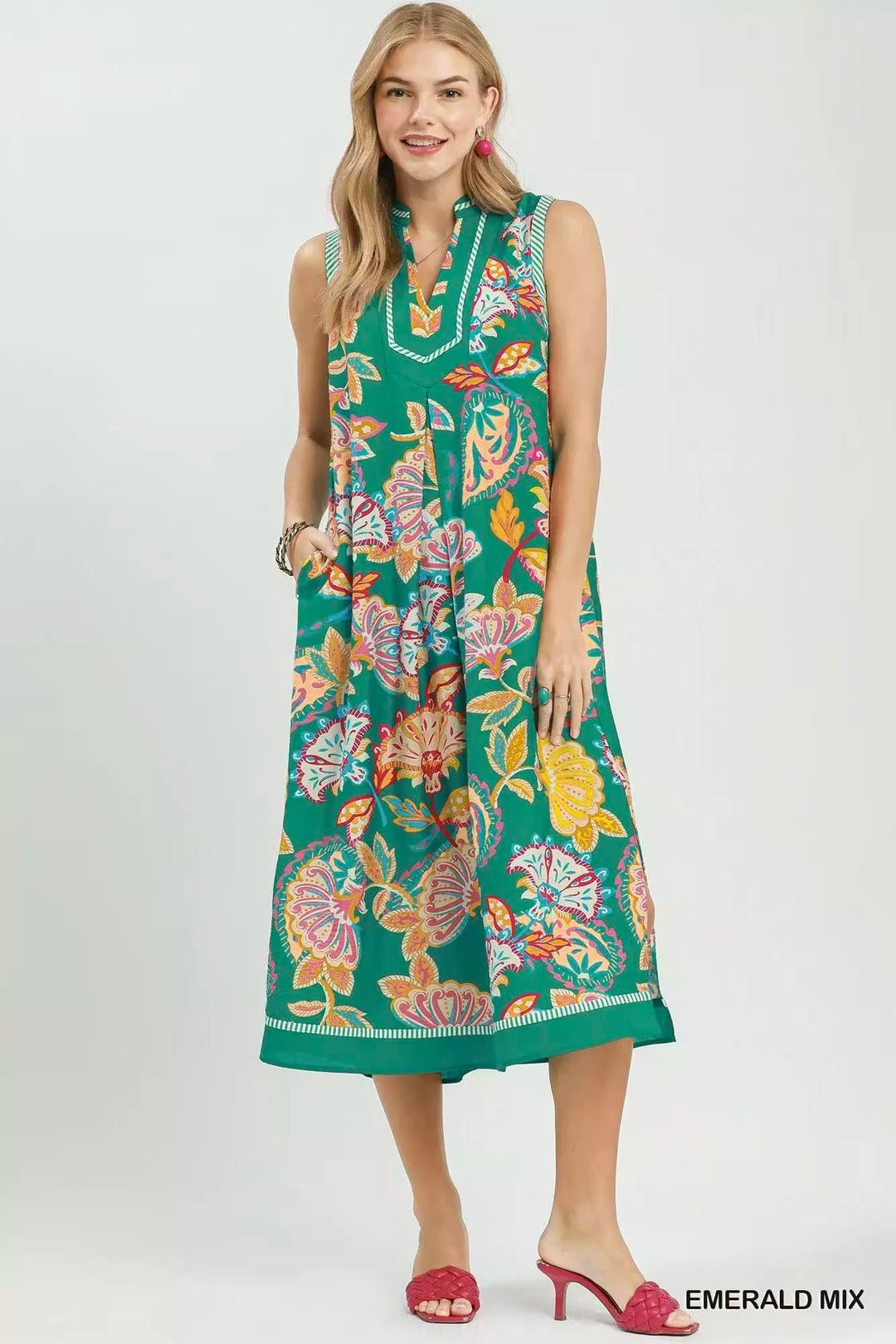 EMERALD MIX Paisley floral sleeveless midi dress with side pockets