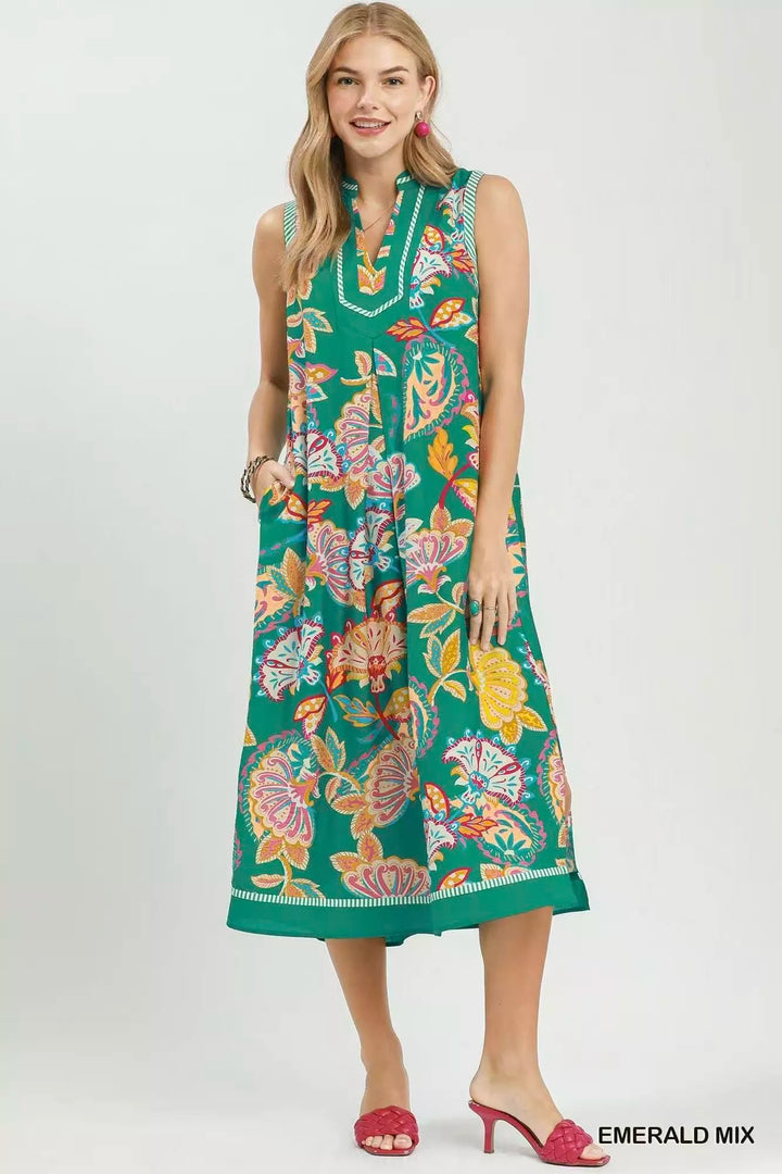 EMERALD MIX Paisley floral sleeveless midi dress with side pockets