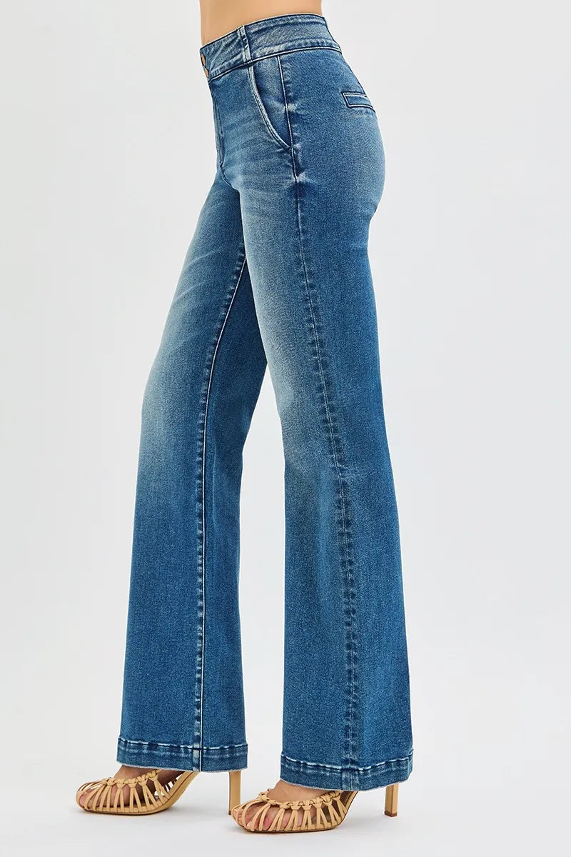 High-rise tummy-control bootcut jeans with double-button waistband