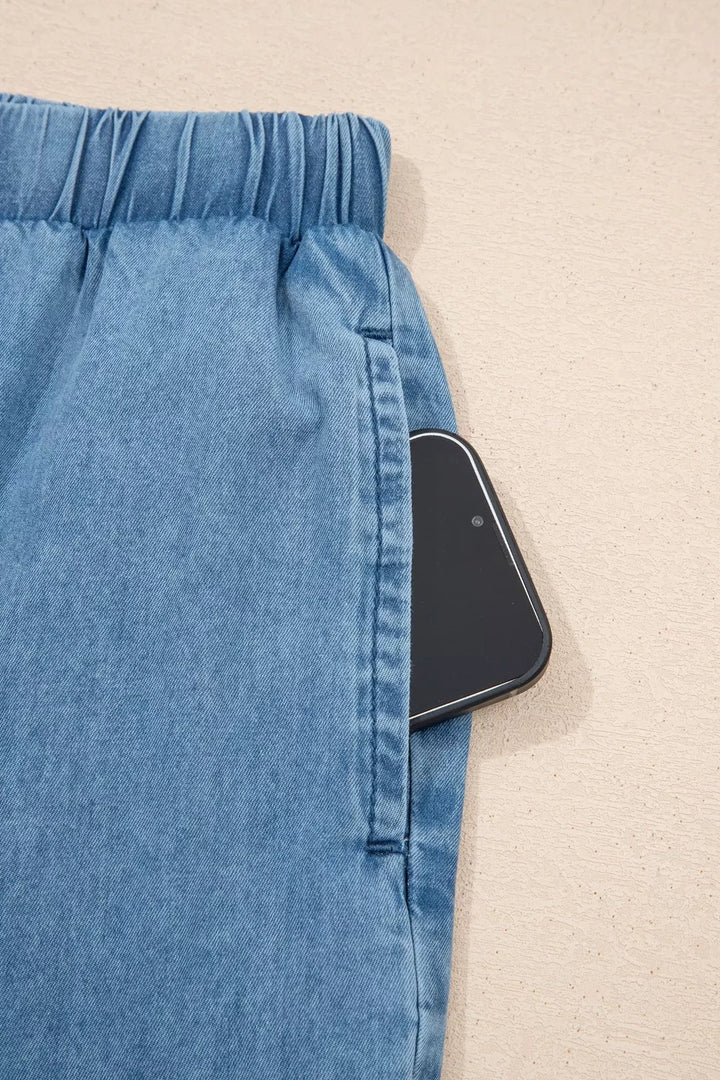 Wide-leg chambray pants with drawstring waist and ruffle hem
