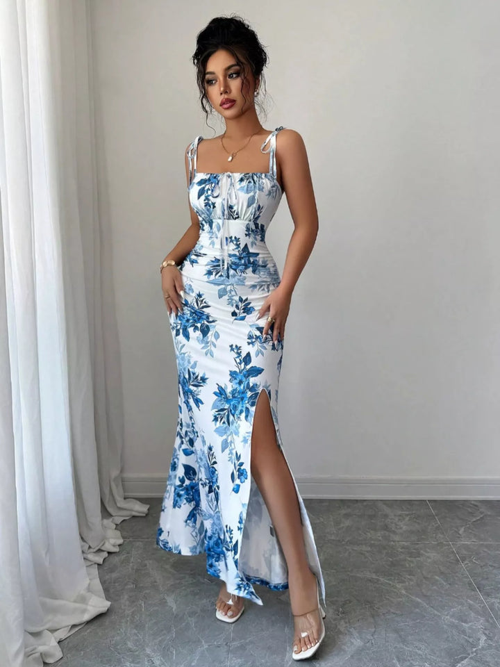 Light Blue Floral print tie-strap maxi dress with side slit