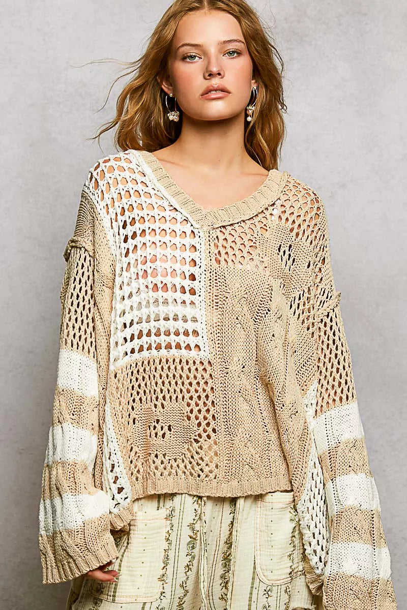 BEIGE Openwork color-block stripe V-neck knit sweater