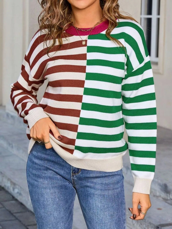Colorblock striped crewneck sweater with contrast collar