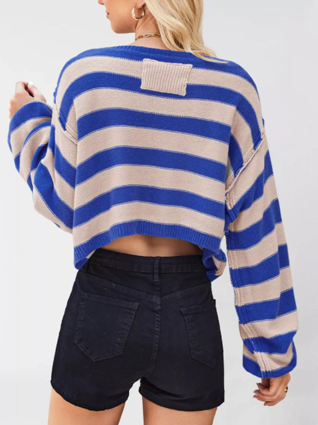 Striped oversized boat neck cropped sweater with exposed seams